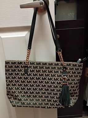 Michael Kors Black Logo Tote with Teal Tassel